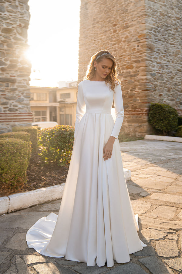 Ivory Satin Wedding Dress with Long Sleeves, Buttons, and Removable Bow