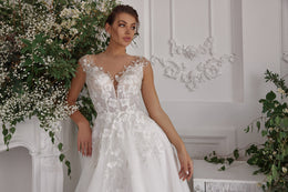 A-Line Wedding Dress with Illusion V-Neck Floral Bodice