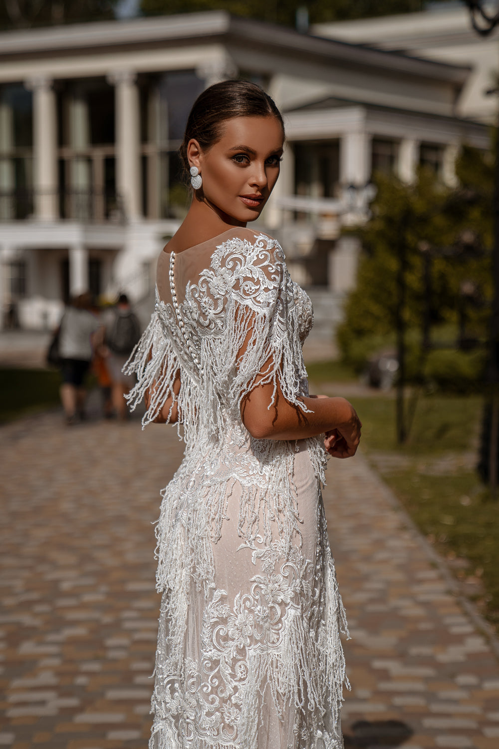 Spectacular A-Line Wedding Dress with Fringe Lace, Guipure & Embellishments