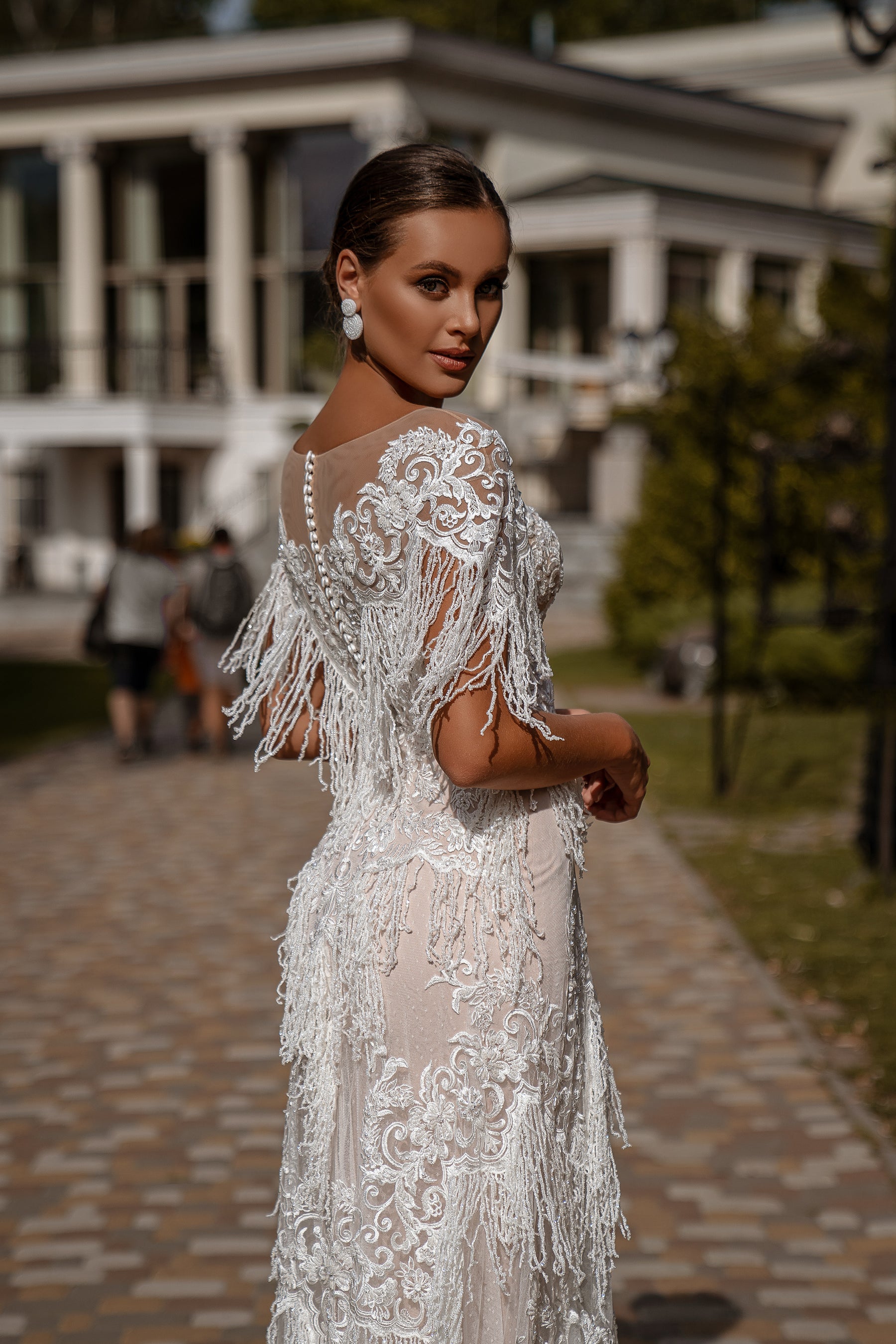 Sheath Wedding Dress with Illusion Neckline and Beaded Fringe
