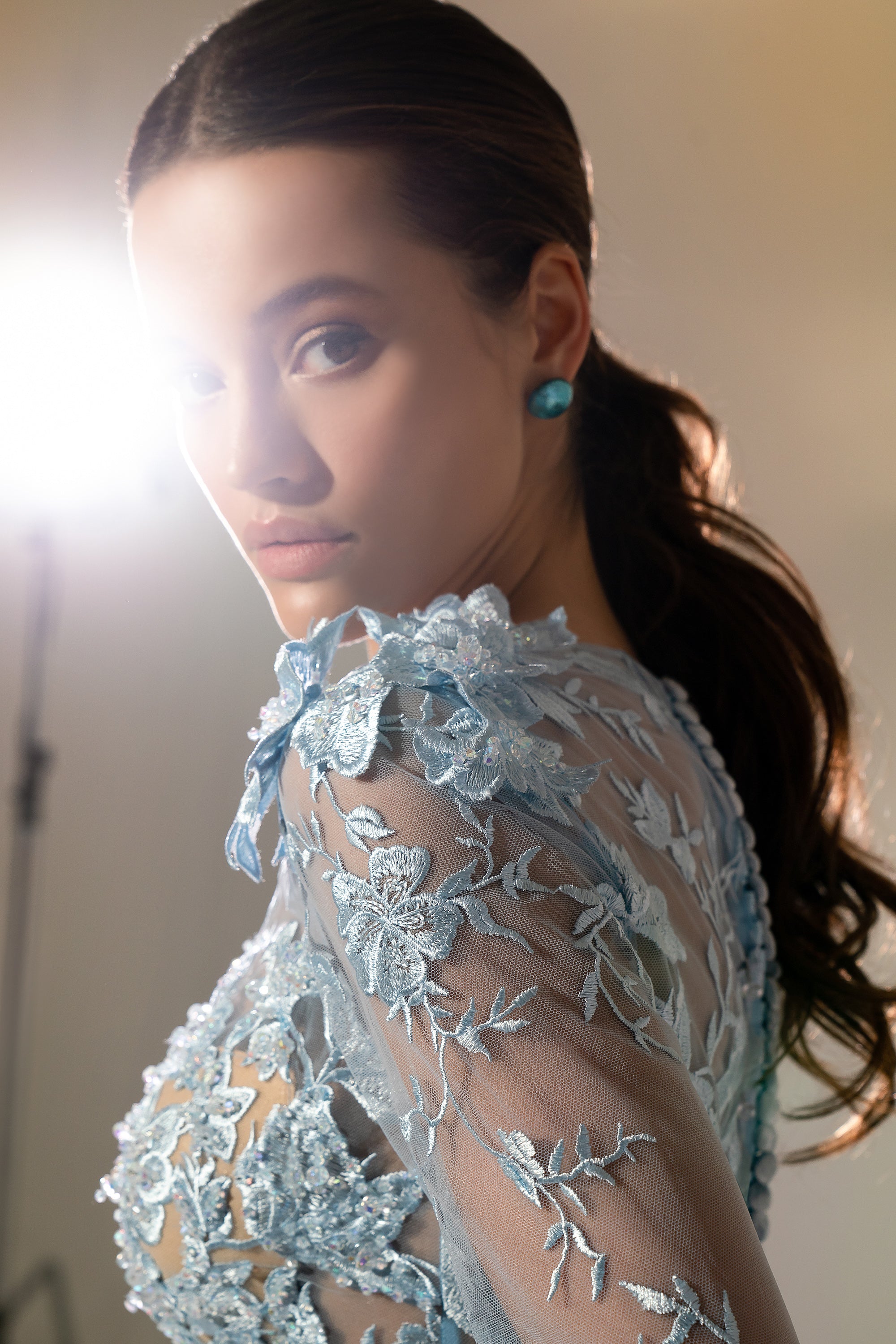 Luxurious Evening Dress with Long Sleeves, Train Skirt, Translucent Corset, Guipure Elements, Crystal Embroidery, 3D Volumetric Flowers - Marble Velour
