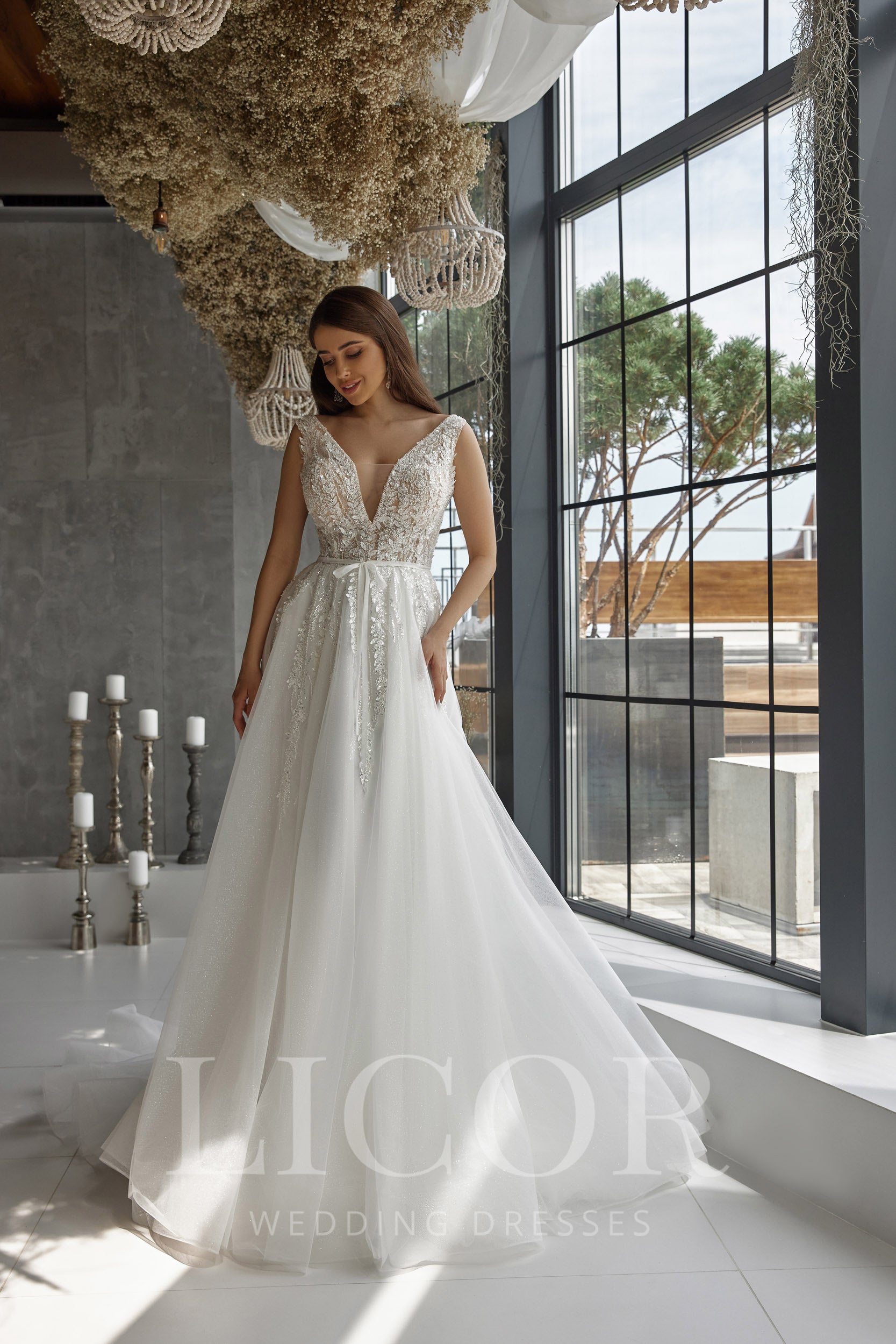 A-Line Wedding Dress With Beaded Lace Bodice, V-Neck, Sleeveless, Tulle Skirt, Lace Appliqués, Beading