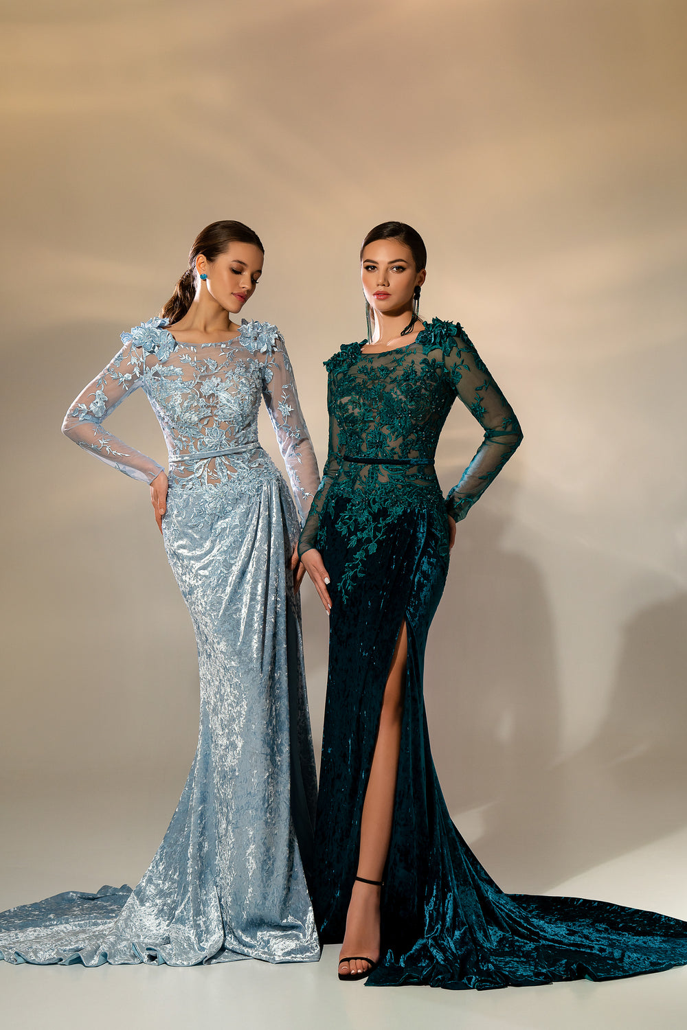 Luxurious Evening Dress with Long Sleeves, Train Skirt, Translucent Corset, Guipure Elements, Crystal Embroidery, 3D Volumetric Flowers - Marble Velour