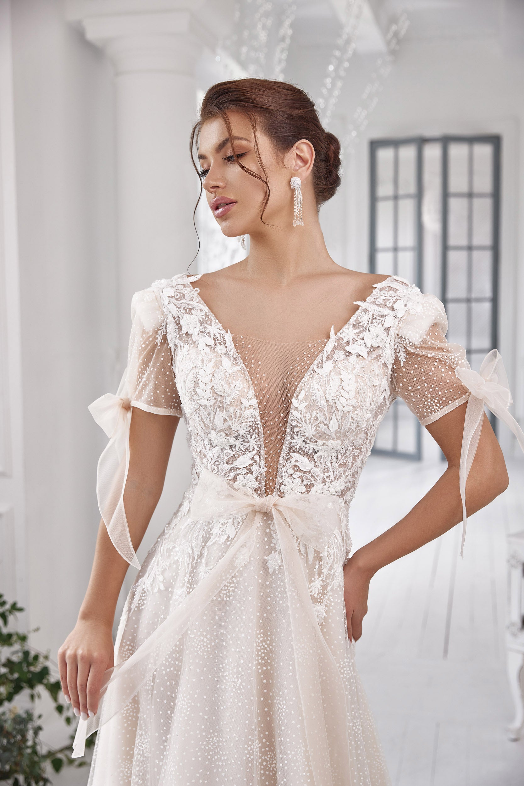A-Line Wedding Dress with Floral Lace and Puff Sleeves
