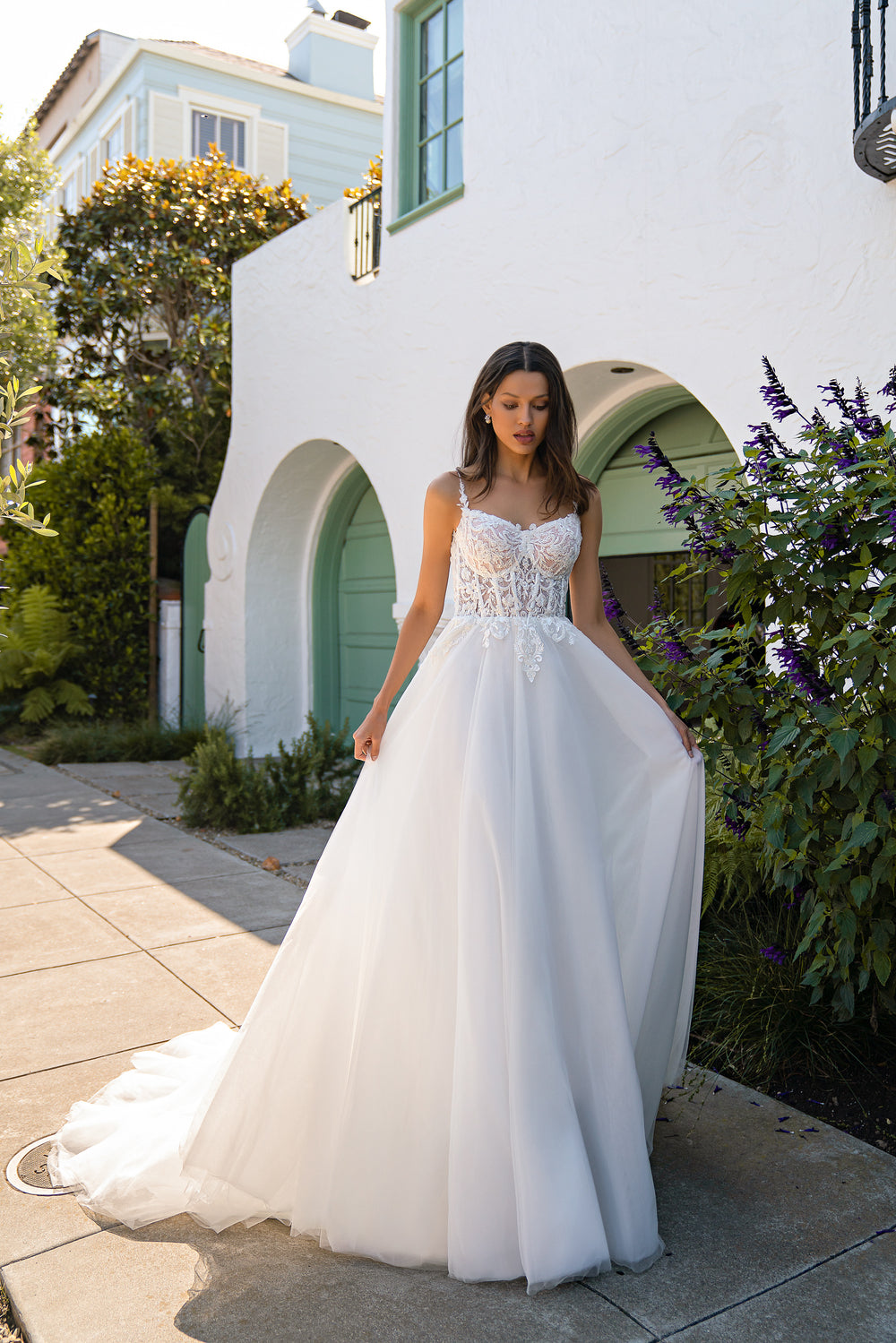 Classic A-Silhouette Wedding Dress with Embroidered Guipure, Beads, and Sequins