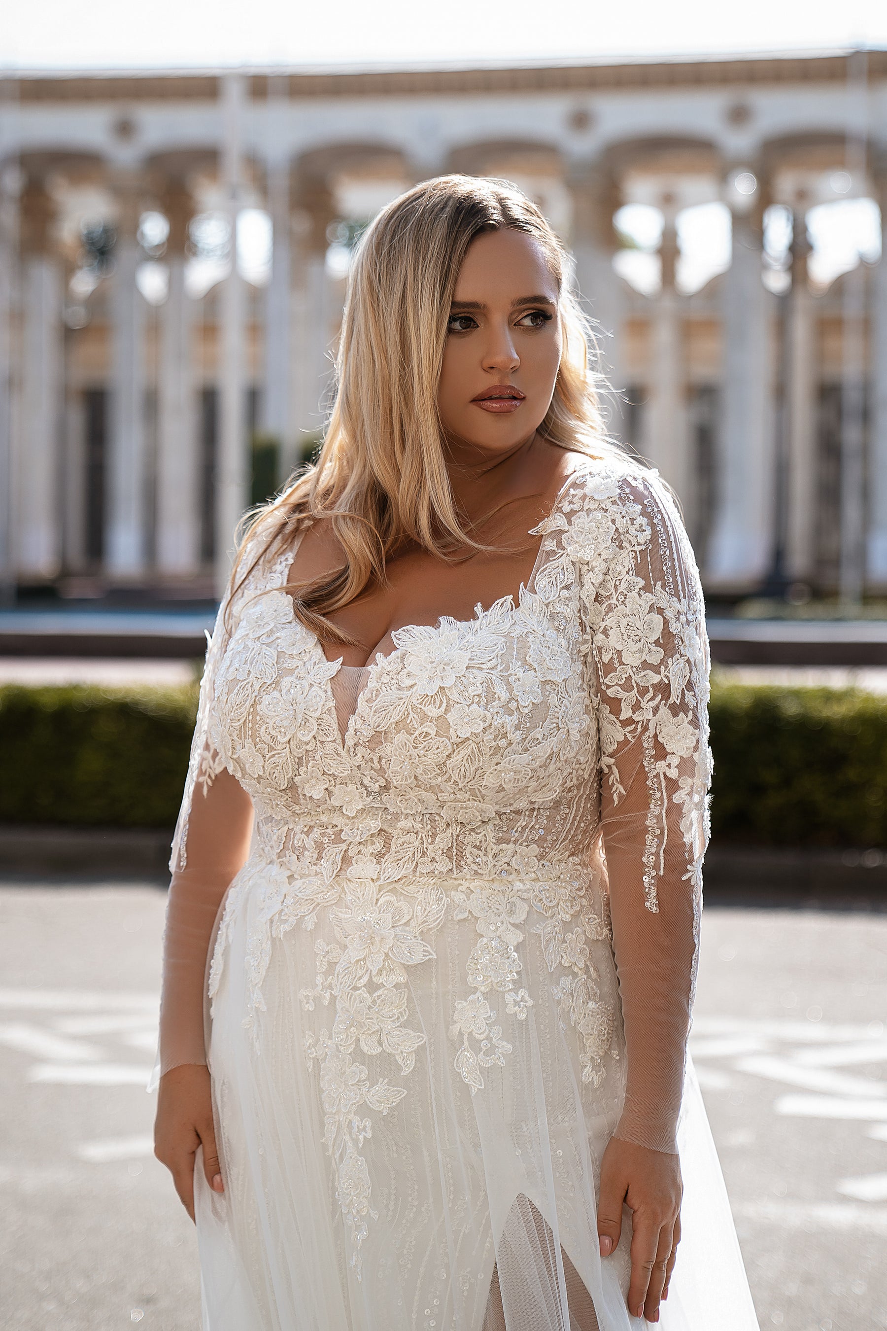A-Line Wedding Dress with Long Lace Sleeves and Slit