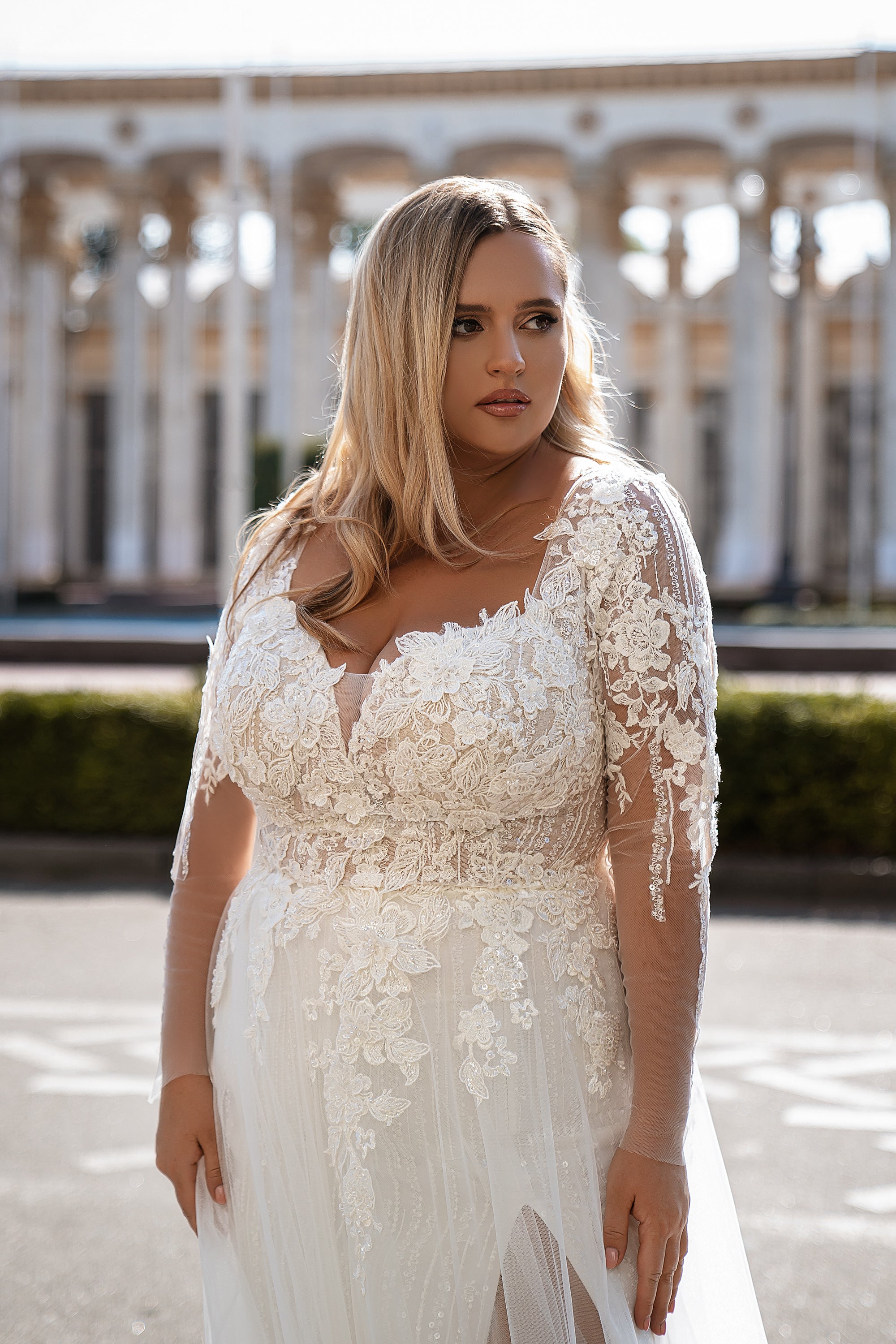 A-Line Wedding Dress with Long Lace Sleeves and Slit