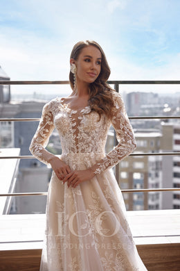 A-Line Wedding Dress With Floral Lace Appliqués, Illusion Neckline, Long Sleeves, Lace Over Tulle, Cathedral Train, Floor-Length, Romantic