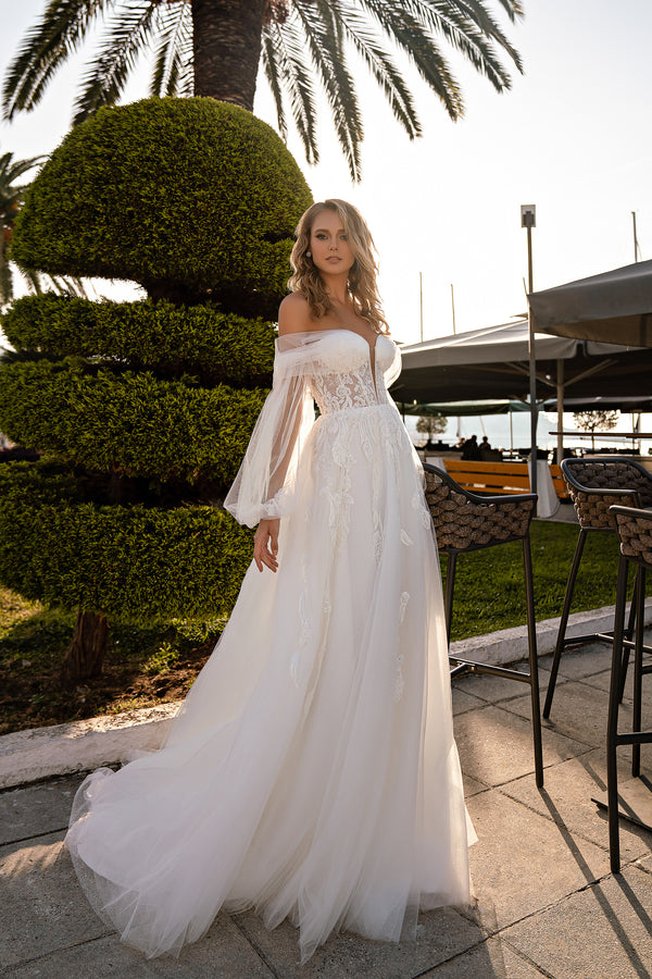 Gorgeous A-Line Wedding Dress with Detachable Voluminous Sleeves, Tulle Drapery, and Beaded Appliqués with Sequins