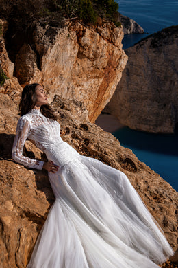 Sophisticated Wedding Dress with Guipure Embroidery and Boho Braid, Unique Back Cut with Buttons