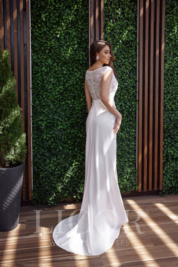 Romantic Sheath Satin Wedding Dress With Floral Lace Appliqués, Illusion Cap Sleeves, Front Slit And Sweep Train