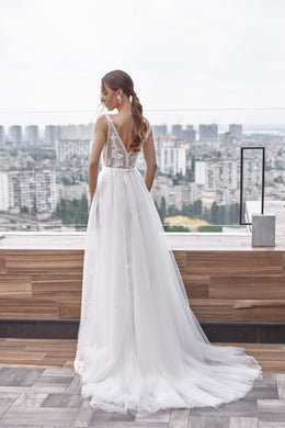 Mermaid V-Neck Lace Dress with Floral Lace Appliques, Sleeveless, Embellished Bodice, Cathedral Train, Romantic Bridal Gown