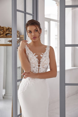 Sheath Wedding Dress with Floral Lace Appliqué Bodice