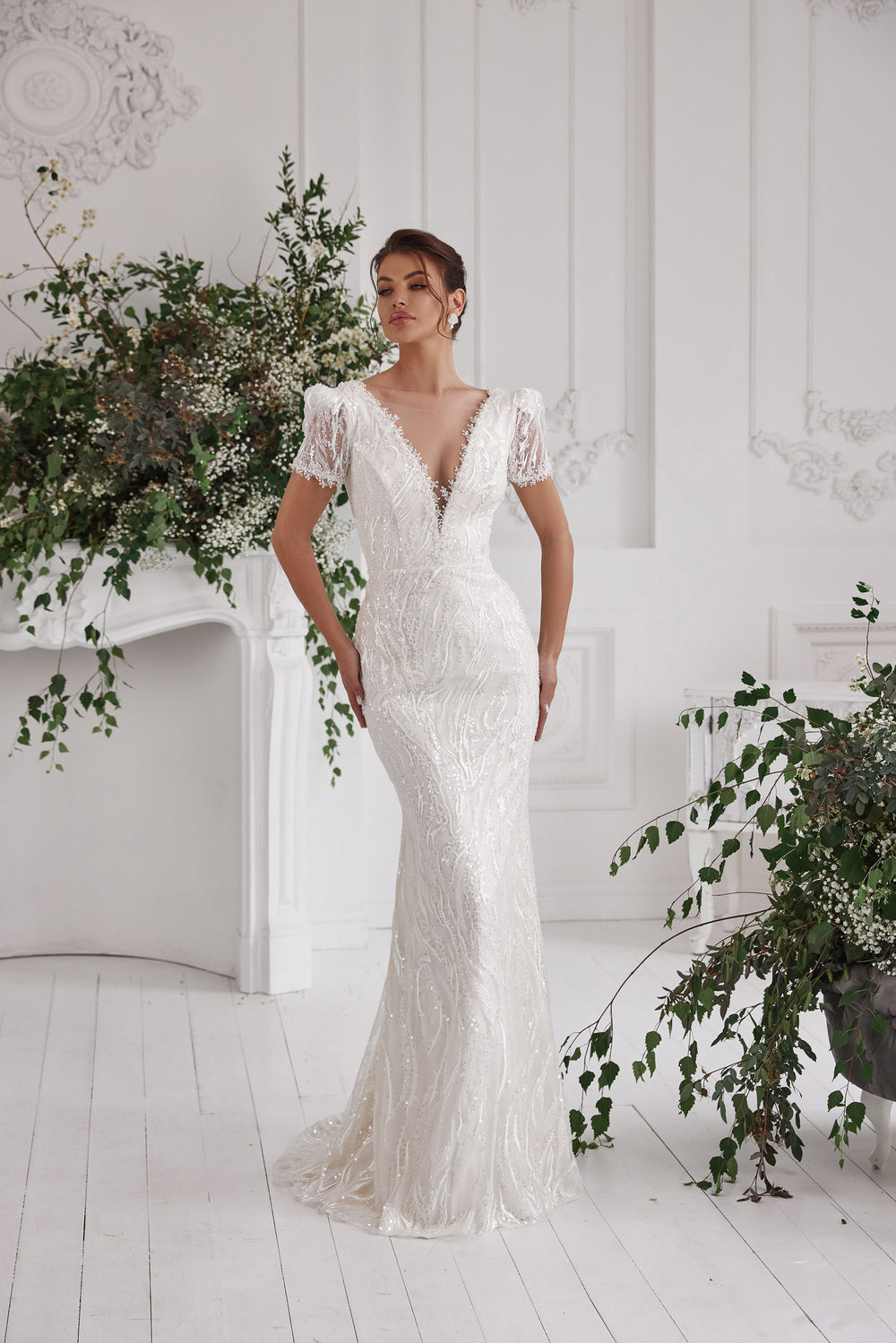 Sheath Wedding Dress with Beaded Lace and Puff Sleeves