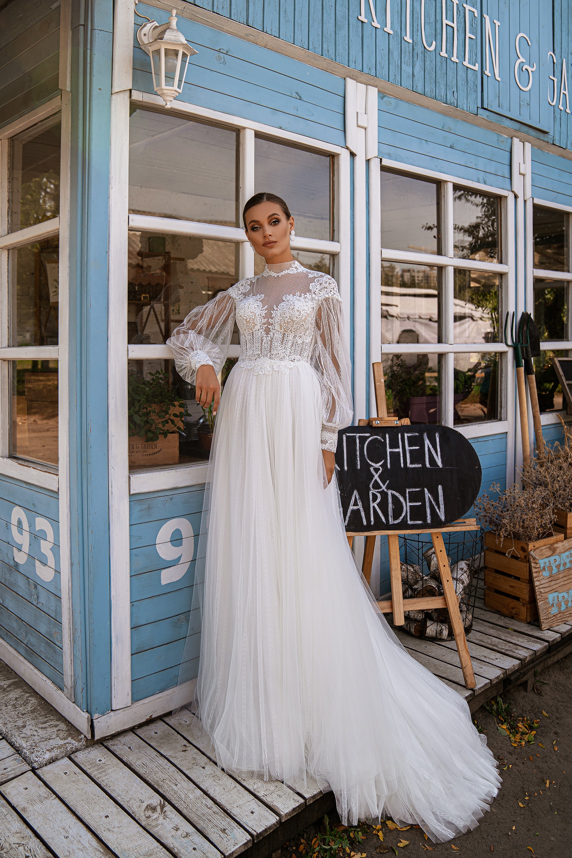 Romantic Boho Lace Wedding Dress with High Neckline and Polka Dot Tulle Skirt and Removable Balloon Sleeves