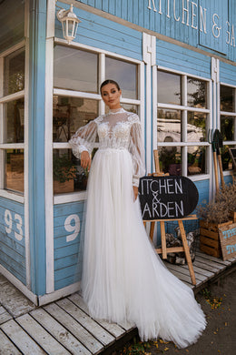 Romantic Boho Lace Wedding Dress with High Neckline and Polka Dot Tulle Skirt and Removable Balloon Sleeves
