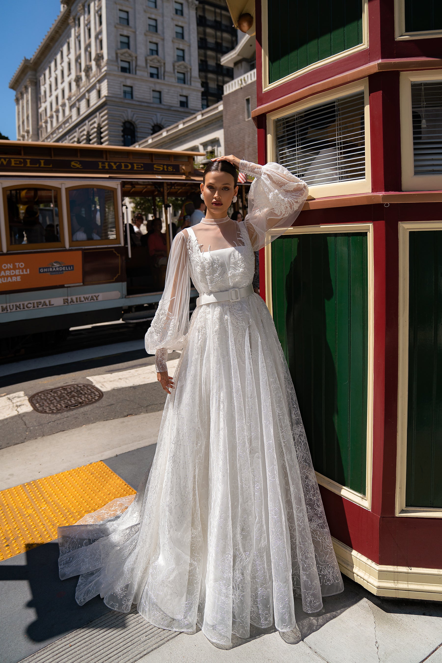 Satin A-Line Wedding Dress with Detachable Lace Sleeves