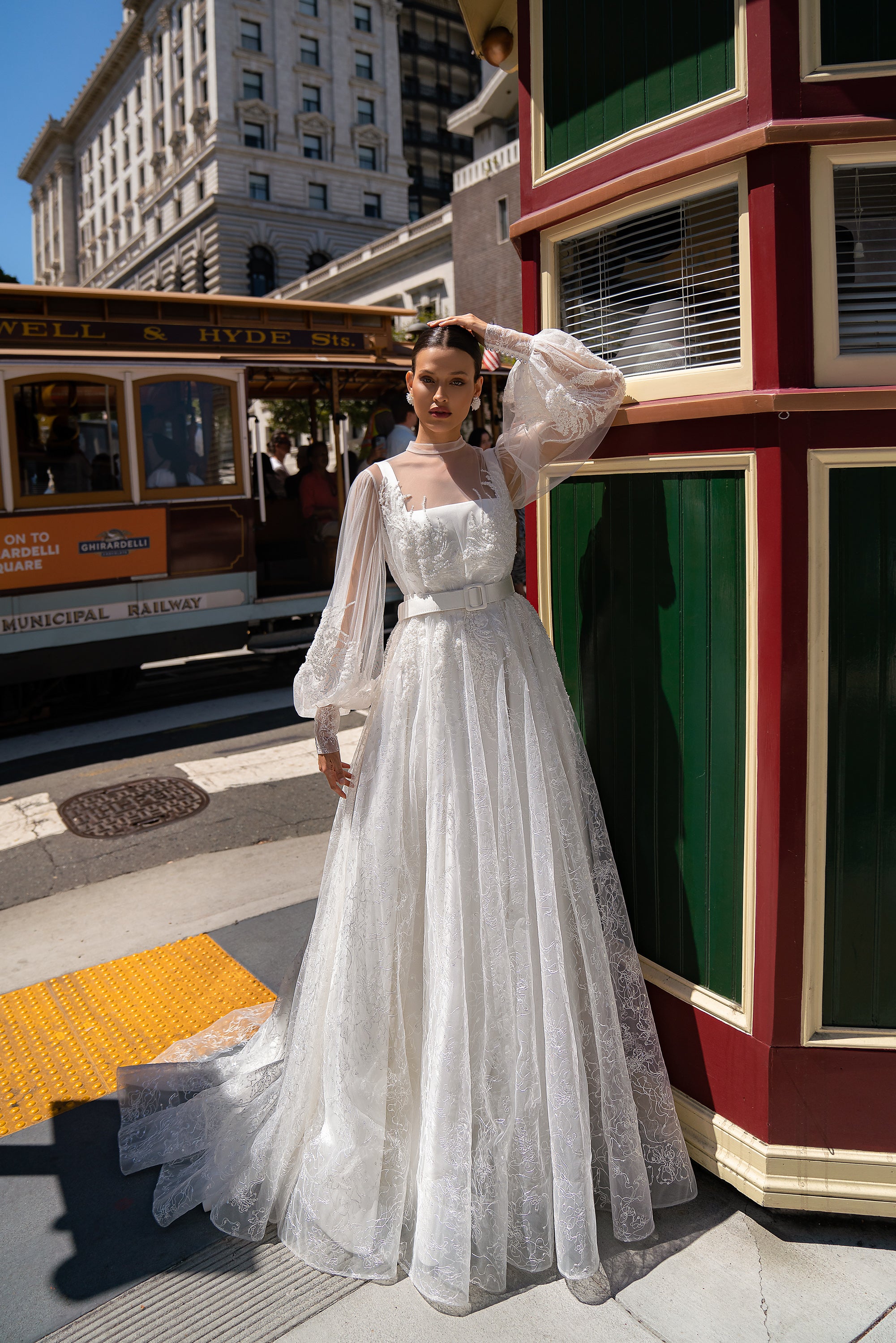 Satin A-Line Wedding Dress with Detachable Lace Sleeves
