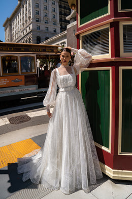 Satin A-Line Wedding Dress with Detachable Lace Sleeves