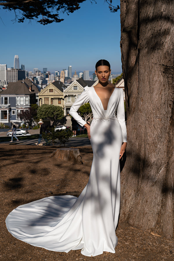 Elegant Wedding Dress with Long Sleeves - Stretch Crepe Mermaid Silhouette, Guipure Embroidered with Beads and Sequins.