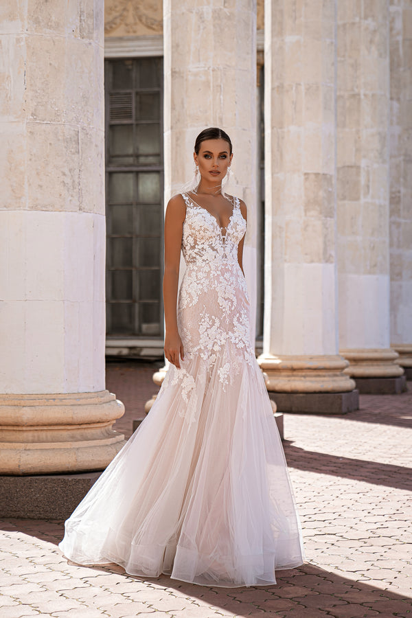 Mermaid Silhouette Wedding Dress with Shimmering Appliques and Loosely Draped Crystals