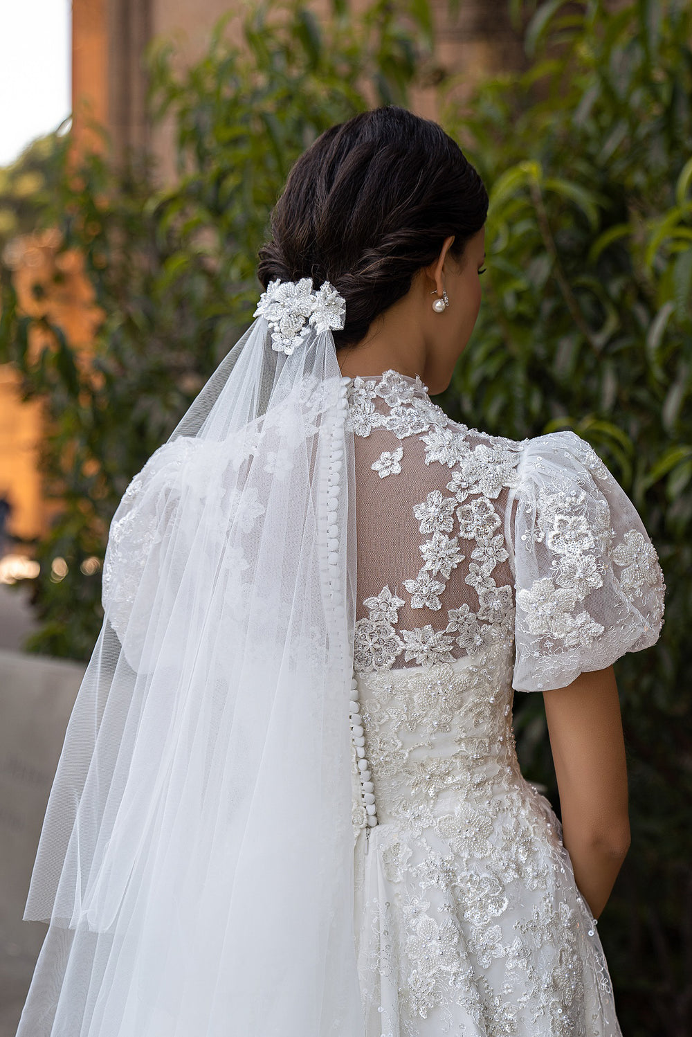 Designer Veil with Lapel - Delicate Romantic Tulle Veil with Lace, Beads, Pearls and Sequins - 1.5x2.0m (2.0x2.0m) - Loops Sewn at Top for Easy Attachment