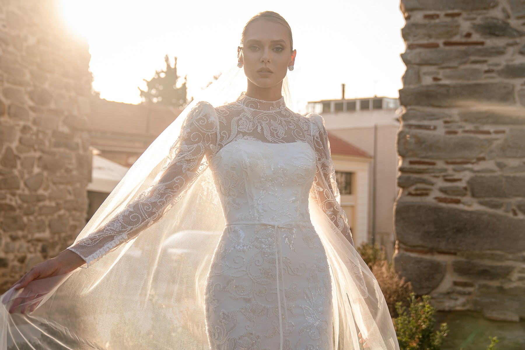 Guipure Wedding Dress with Beads & Sequins, Voluminous Long Sleeves & Train