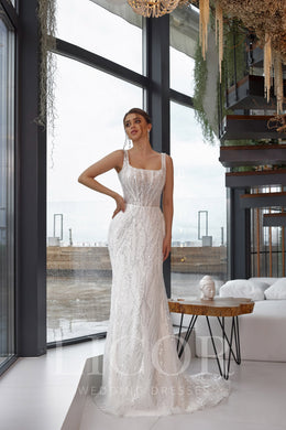 Sheath Wedding Dress, Square Neckline, Sleeveless, Tulle With Beading And Sequins, Embellished Bodice, Sweep Train, Floor-Length, Romantic