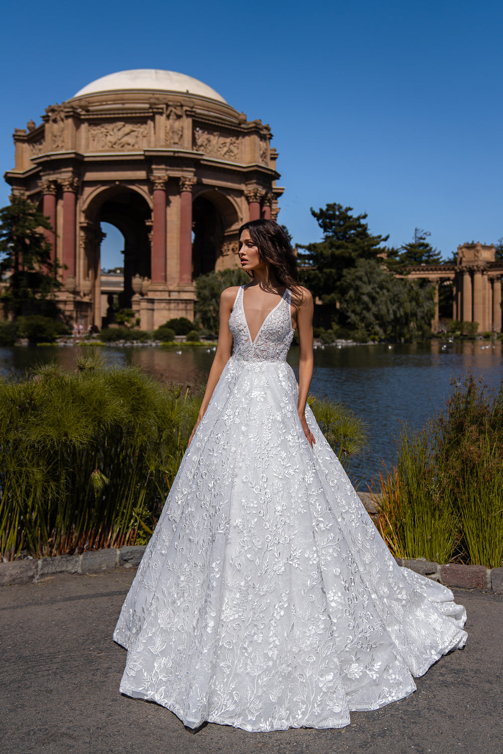 Gorgeous Wedding Dress with Velvet Ribbon, Guipure Elements, and Shimmering Crystals - Removable Curly Bow at Waist