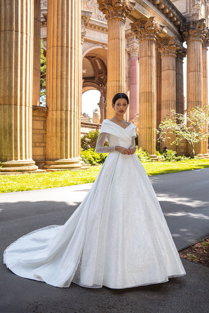 A-Line Wedding Dress with Off-the-Shoulder Neckline and Lace Sleeves