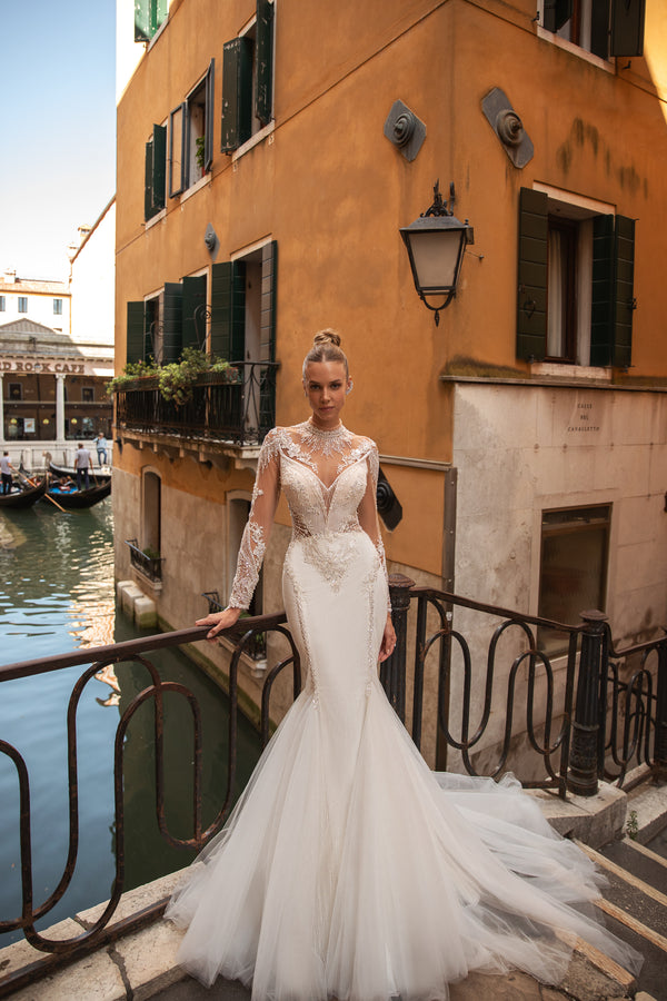 Stunning Mermaid Wedding Dress with Long Lace Sleeves, Amazing Lace Back, and Buttons Back - Tulle Skirt