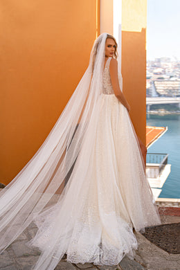 Gorgeous A-Line Wedding Dress with Embroidered Guipure, Sequins, Beaded Appliqués, and V-Neck for the Bride Who Wants to Shine
