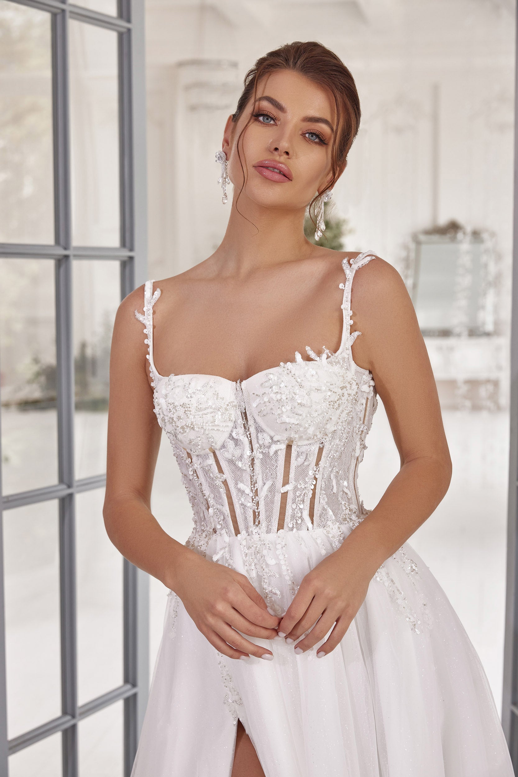A-Line Wedding Dress with Beaded Corset and High Slit