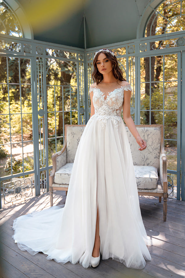 Romantic A-Line Wedding Dress with Graceful Slit, Translucent Corset, Elegant Drapery, Appliqués, Embroidered Pearls, Beads, Sequins, and Crystals, Fluffy Skirt