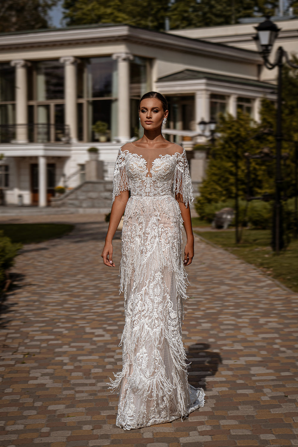 Spectacular A-Line Wedding Dress with Fringe Lace, Guipure & Embellishments