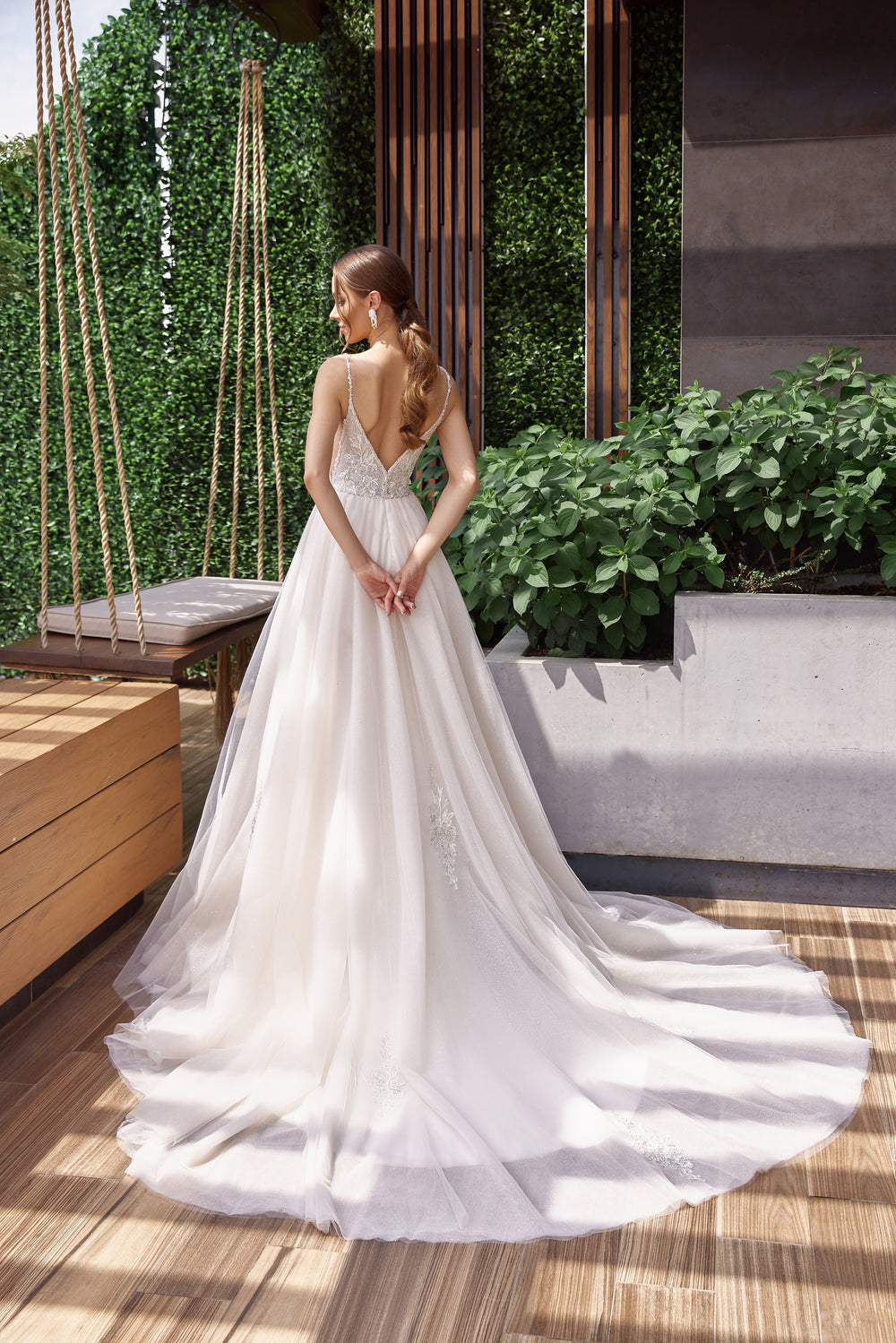 A-Line Wedding Dress With Lace Appliqués, Beading And Embroidery, V-Neck Sleeveless, Tulle Skirt, Cathedral Train