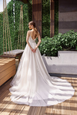 A-Line Wedding Dress With Lace Appliqués, Beading And Embroidery, V-Neck Sleeveless, Tulle Skirt, Cathedral Train