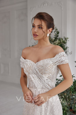 Sparkly A-Line Wedding Dress with Off-The-Shoulder Neckline