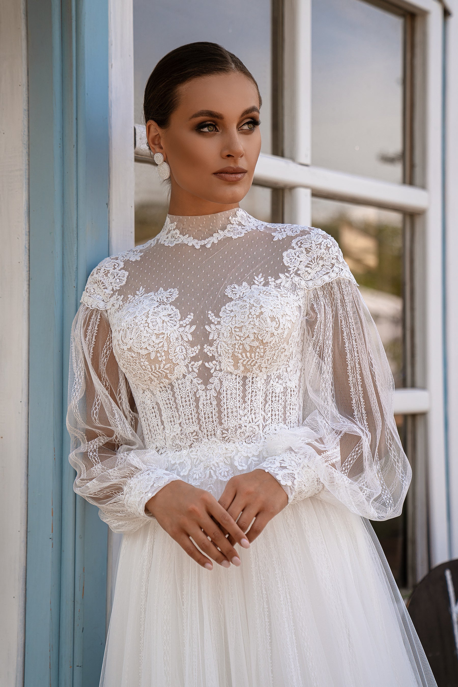 Romantic Boho Lace Wedding Dress with High Neckline and Polka Dot Tulle Skirt and Removable Balloon Sleeves