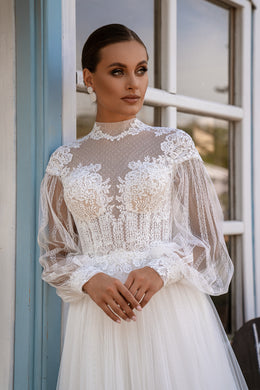 Romantic Boho Lace Wedding Dress with High Neckline and Polka Dot Tulle Skirt and Removable Balloon Sleeves