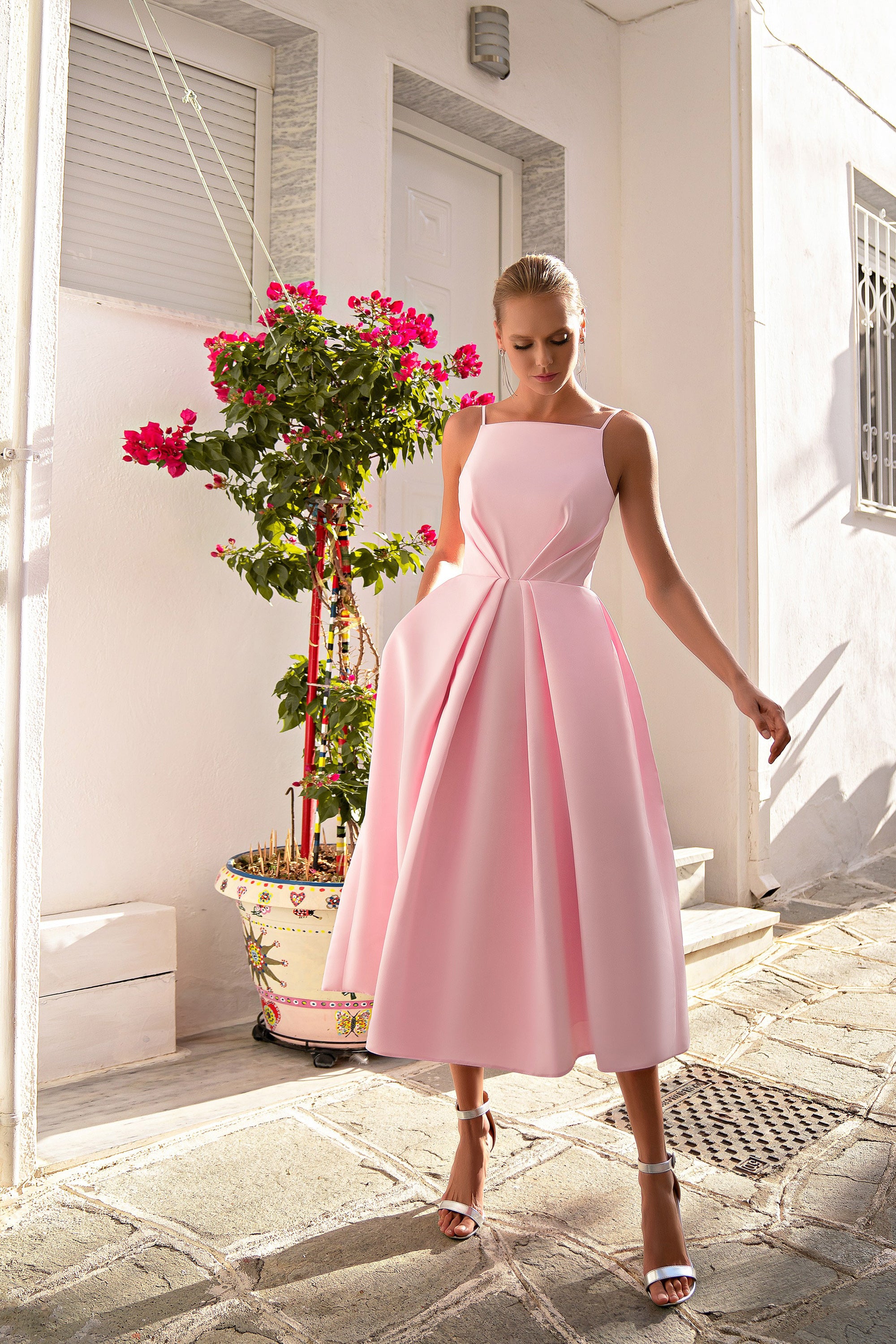 Women's Tea-Length Satin Spaghetti Strap Prom Dress