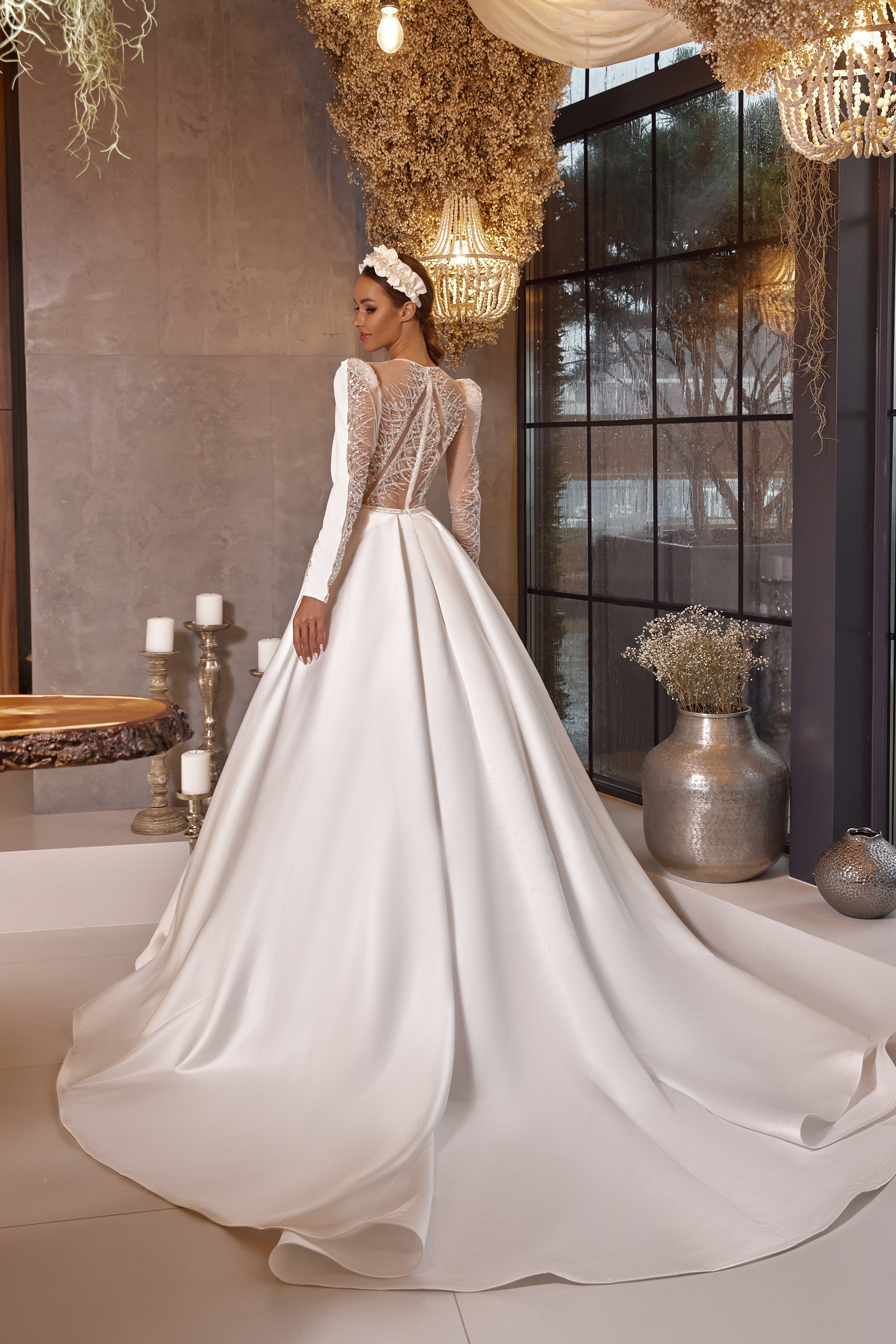 A-Line Satin Wedding Dress with Beading and Crystals Embellished Bodice, Long Sleeves, High Neck, Cathedral Train