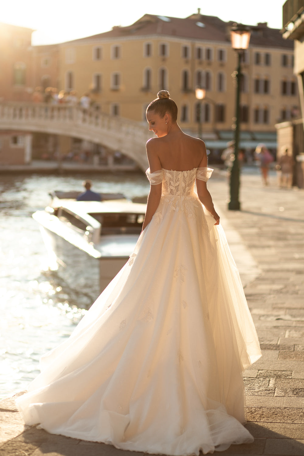 A-Line Off-the-Shoulder Tulle Wedding Gown with Zipper Back and Court Train