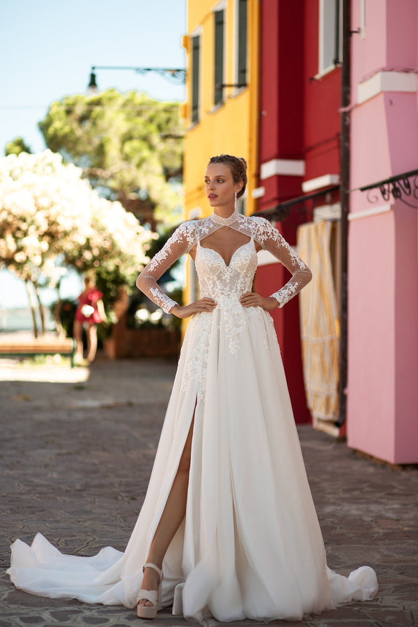 Elegant A-Line Wedding Dress with Slit Tulle Skirt, Lace Back with Buttons, Spaghetti Straps, and Detachable Cape