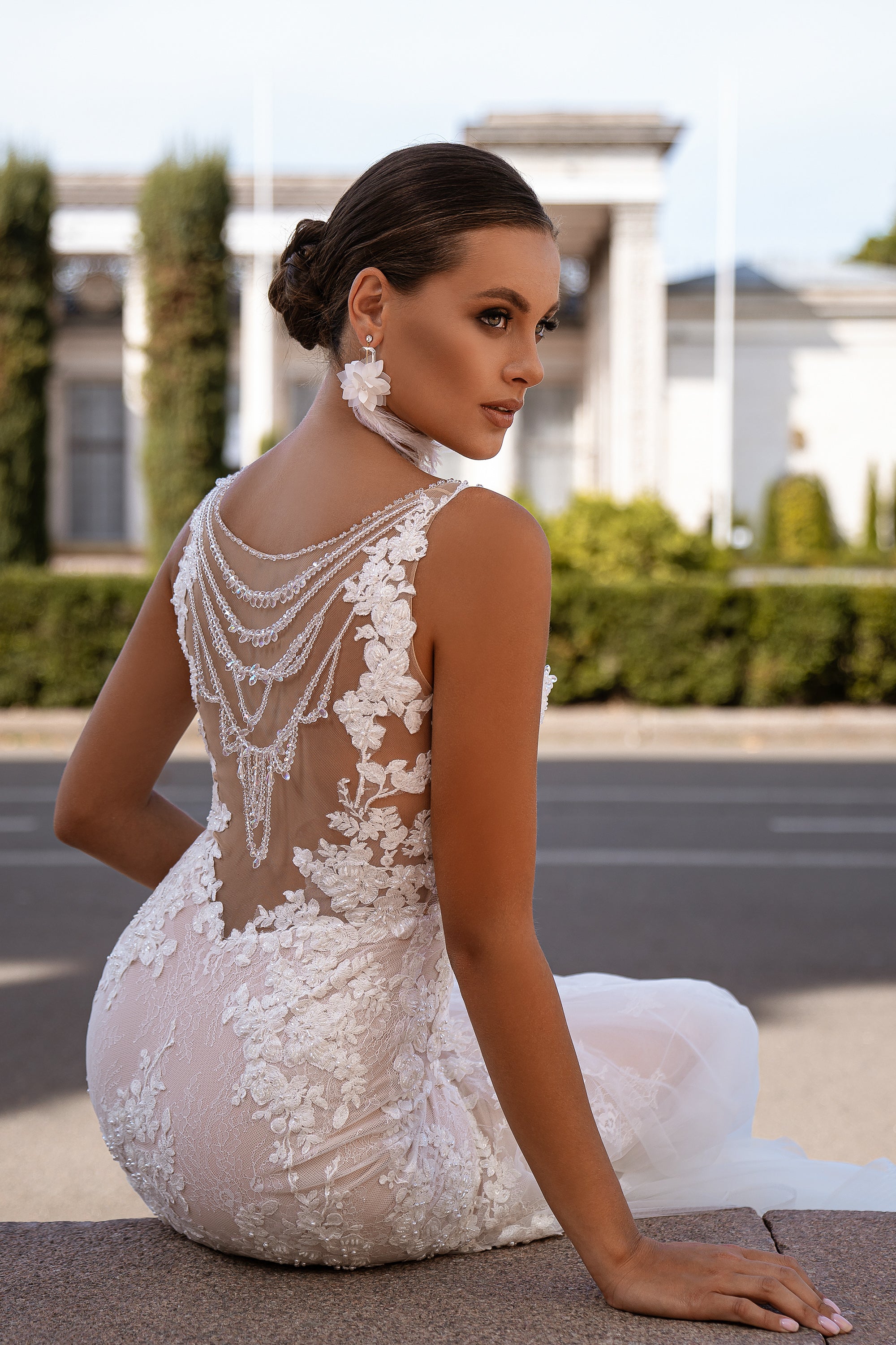 Mermaid Wedding Dress with Floral Lace and Beaded Illusion Back