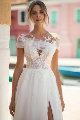 Light Tulle Bridal Dress with Court Train, Buttons at Back, and Short Sleeves