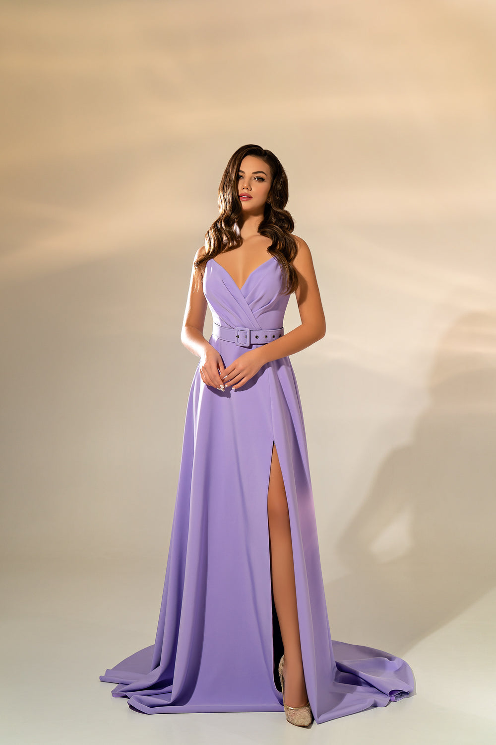 Flared Evening Dress with High Slit and Long Train