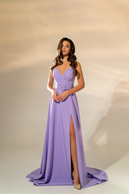 Women's Minimalistic Elegant Evening Dress with Detachable Belt and Long Train