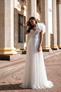 A-Line Wedding Dress with Beaded Corset and Detachable Tulle Shoulder Accent