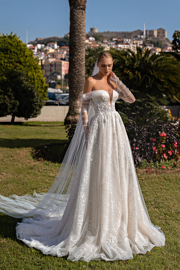 Luxurious Off-the-Shoulder Wedding Dress with Detachable Draped Sleeves and V-Neckline - Embroidered Guipure with Sequins and Soft Tulle Bodice with Beaded Appliqués